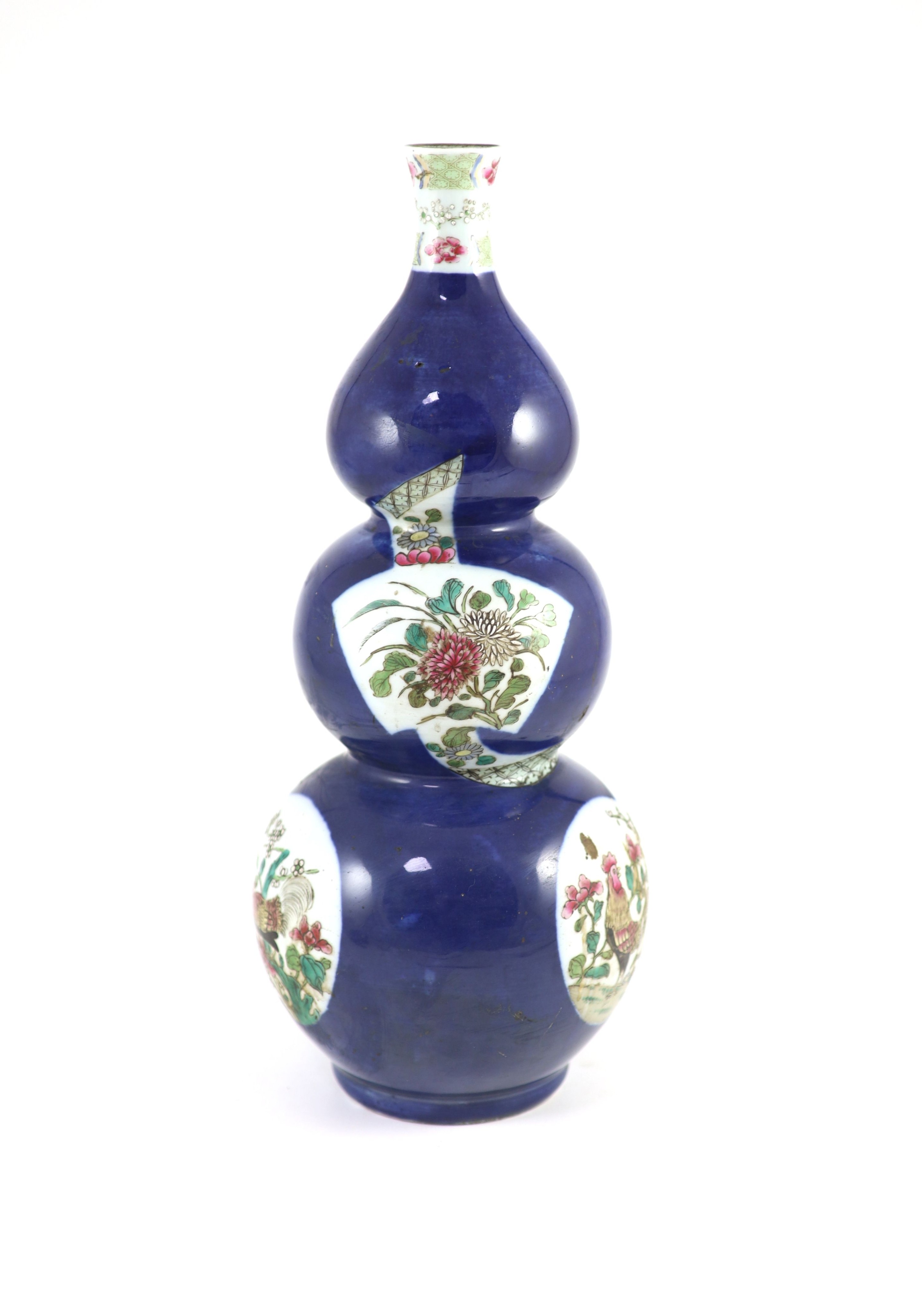 A famille rose blue ground ‘cockerel’ vase, probably Samson, late 19th century, 42cm high, remnants of lamp fitting inside the neck